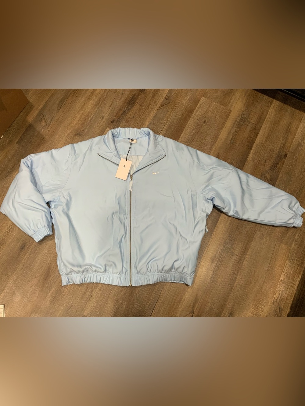New Nike Lab Solo Swoosh Satin Bomber Jacket Sky Blue DN1266 441 Unisex Sz XL